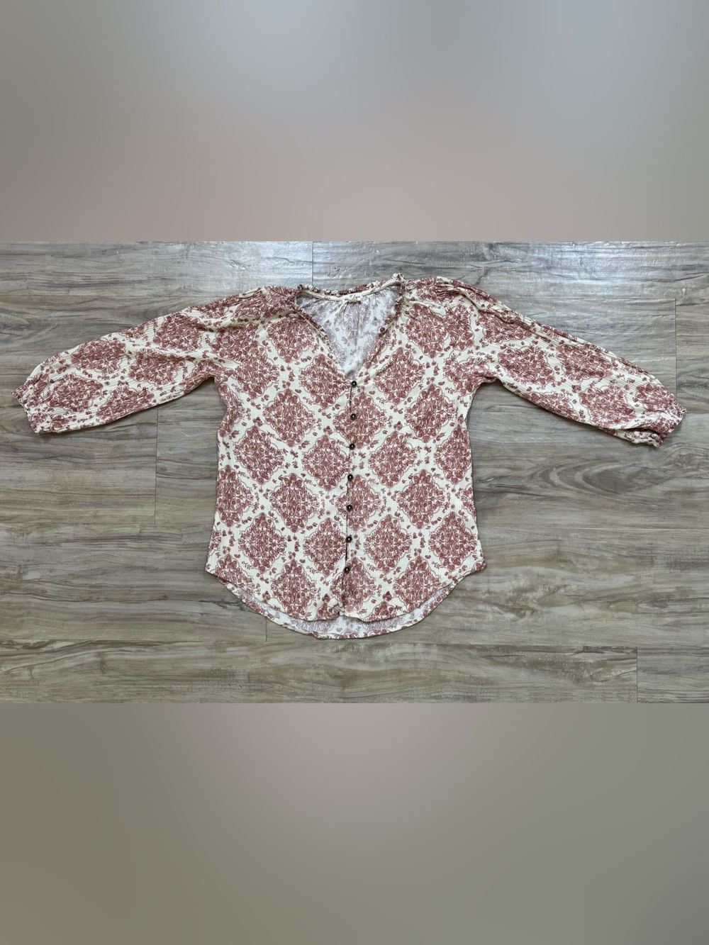 V-Neck Button-Front Blouse in Rose Print